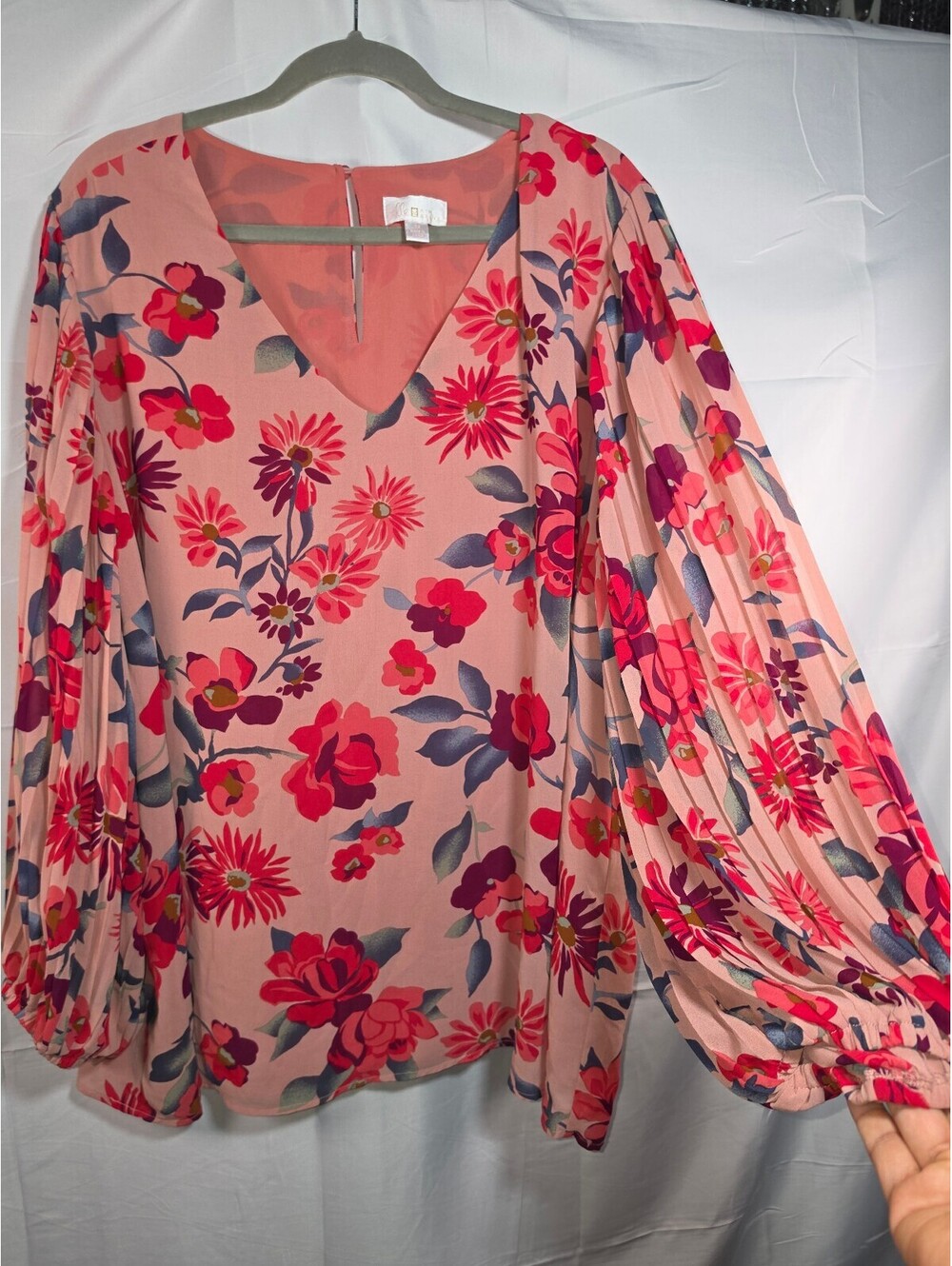 Belle by Kim Gravel 3X Pink Floral V-Neck Balloon Sleeve Blouse